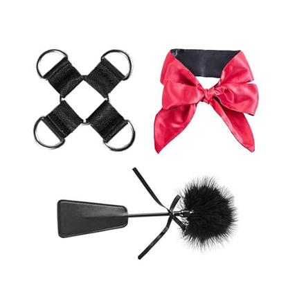 Restriction pour lit avec boucle d'attache croisée, bandeau et cravache à plume