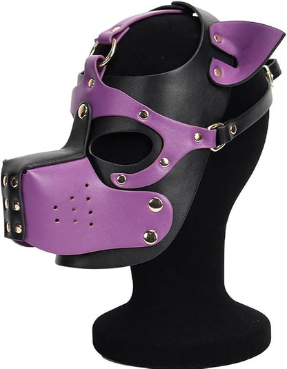 Masque BDSM roleplay en cuirette tête de chien avec bouche/museau détachable