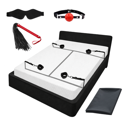 Bed Restraint with whip, blindfold, gag and waterproof sheet