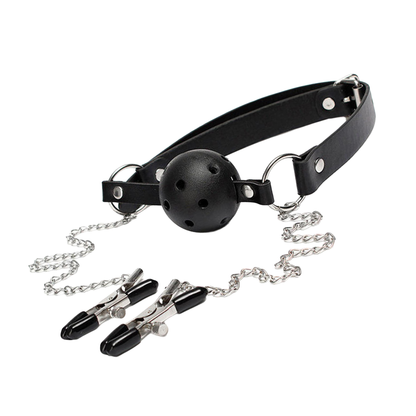 Ensemble bâillon à balle et pinces a mamelons