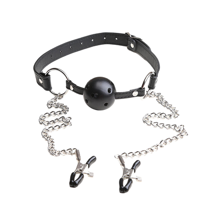 Ensemble bâillon à balle et pinces a mamelons