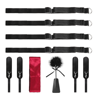 Bed Restraint with blindfold and feather riding crop